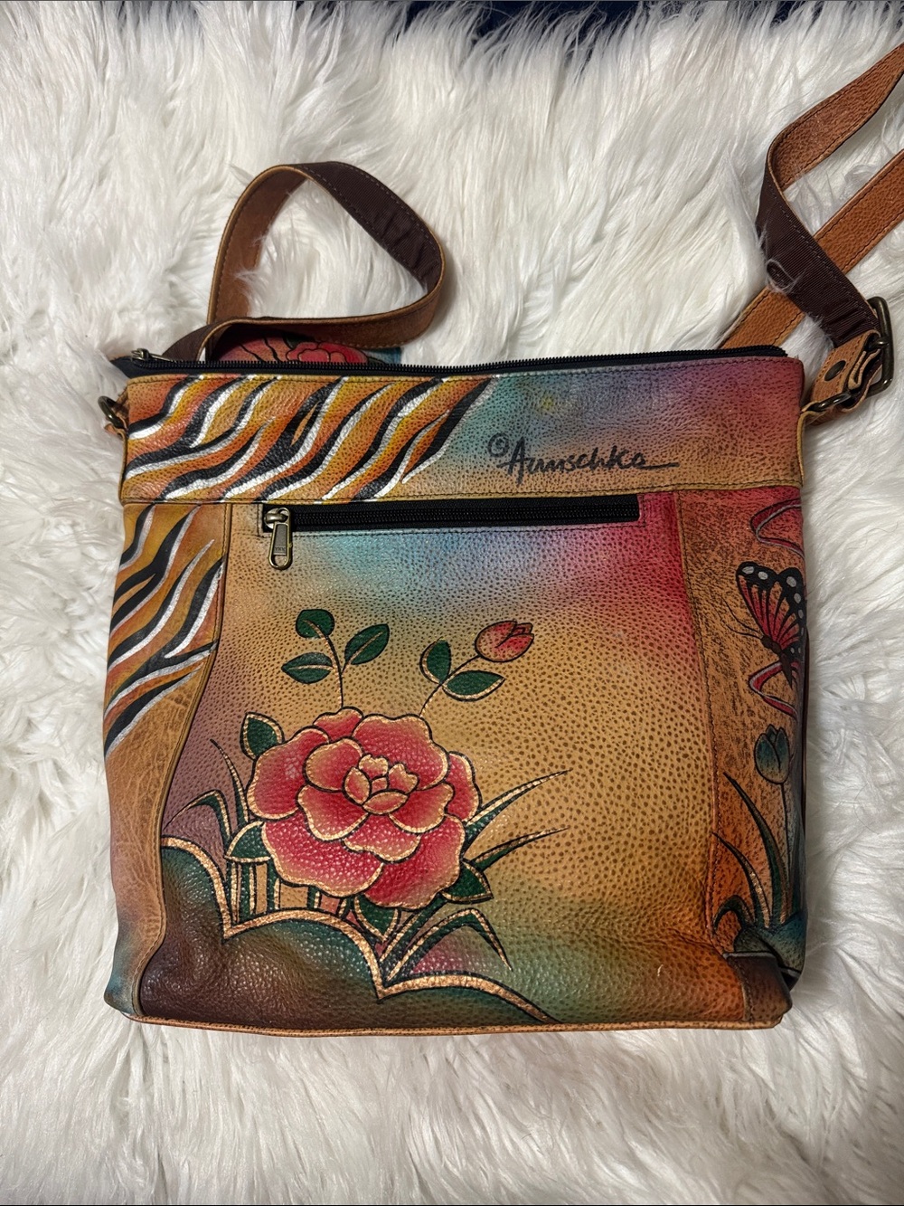 Anuschka Multicolor Leather Crossbody Bag with Floral & Butterfly Art - Picture 9 of 9